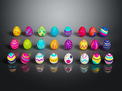 Colorful Decorated Easter Eggs With Various Designs And Vibrant Patterns Arranged On Black Surface 3d model