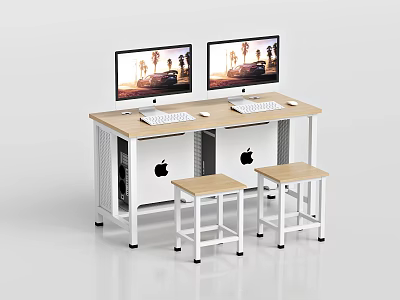 Double Computer Desk With Two Stools Wooden Top And White Metal Frame Workstation 3d model