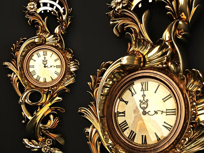 Golden Ornate Decorative Clock With Intricate Carvings And Vintage Design 3d model
