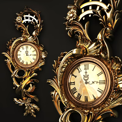 Golden Ornate Decorative Clock With Intricate Carvings And Vintage Design 3d model