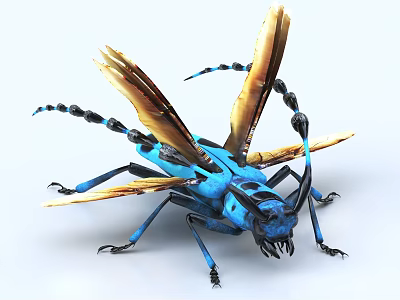 Blue Flying Insect With Golden Wings Long Antennae And Black Stripes 3d model