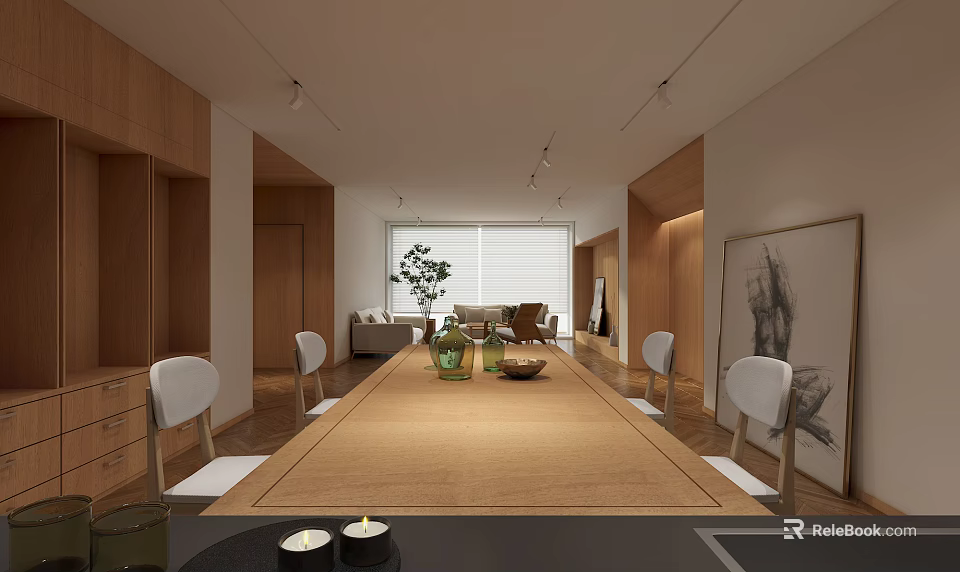 Modern Dining Living Room Interior With Wooden Furniture Long Table Chairs Plant And Window View 3d model 