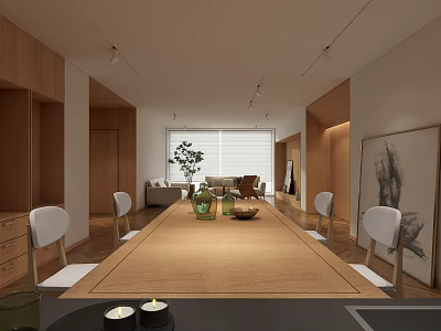 Modern Dining Living Room Interior With Wooden Furniture Long Table Chairs Plant And Window View 3d model