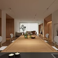 Modern Dining Living Room Interior With Wooden Furniture Long Table Chairs Plant And Window View