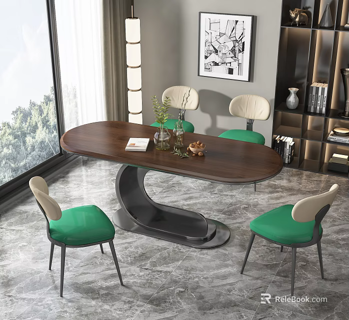 Modern Oval Wooden Dining Table Set With Metal Legs And Green Chairs 3d model 
