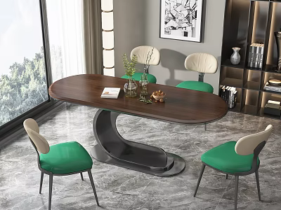 Modern Oval Wooden Dining Table Set With Metal Legs And Green Chairs 3d model