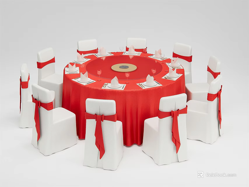 Elegant Round Dining Table Set With Red Tablecloth And White Chairs With Red Bows 3d model