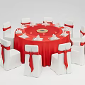 Elegant Round Dining Table Set With Red Tablecloth And White Chairs With Red Bows 3d model