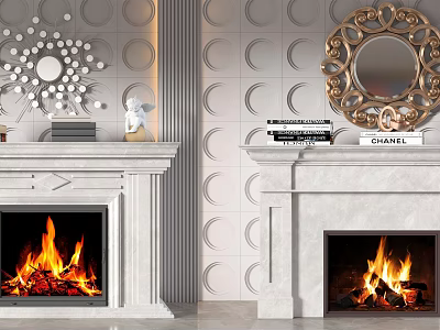 Elegant Marble Fireplace With Burning Fire Decorative Mirrors And Circular Wall Tiles 3d model