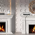 Elegant Marble Fireplace With Burning Fire Decorative Mirrors And Circular Wall Tiles