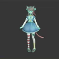 Anime Game Character With Long Pink Hair Cat Ears Blue Dress Red White Striped Socks