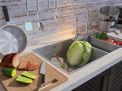 Stainless Steel Kitchen Sink With Fresh Vegetables Cutting Board Knife Ham Slices And Faucet 3d model