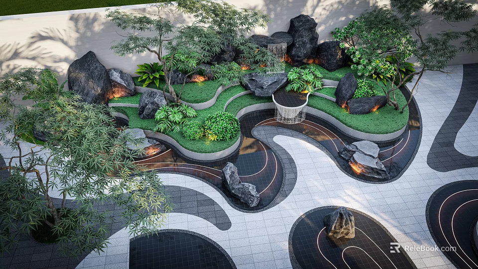 Garden Ornamental Design with Rock Formations Green Plants Curved Grass Pathways and Lighting 3d model 