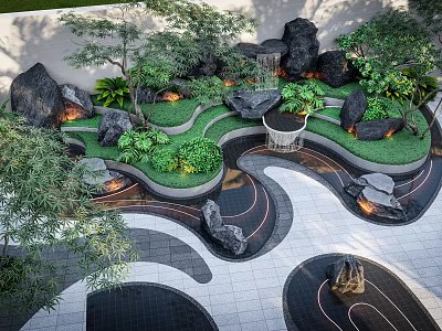 Garden Ornamental Design with Rock Formations Green Plants Curved Grass Pathways and Lighting 3d model