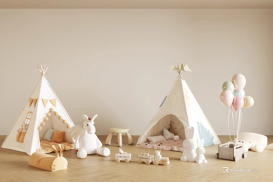 Cozy Kids Playroom Interior With Teepees Bunny Plush Toys Balloons And Toy Train 3d model 