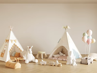 Cozy Kids Playroom Interior With Teepees Bunny Plush Toys Balloons And Toy Train 3d model