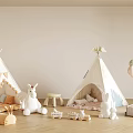 Cozy Kids Playroom Interior With Teepees Bunny Plush Toys Balloons And Toy Train