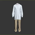 Light Blue Long Sleeved Lab Coat Paired With Khaki Pants On Grey Background