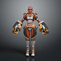 Futuristic Female Warrior Character In Detailed Orange And White Mechanical Armor Costume