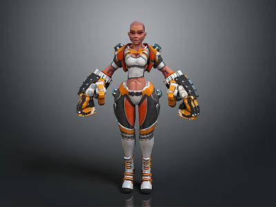 Futuristic Female Warrior Character In Detailed Orange And White Mechanical Armor Costume 3d model