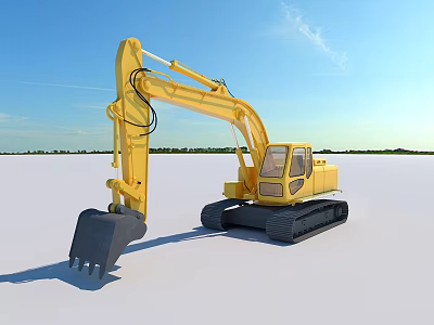 Yellow Crawler Excavator with Long Boom and Bucket in Open Field Under Blue Sky 3d model