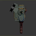 Futuristic Sci Fi Weapon With Red Grip Blue Component And Two Black Discs On Top