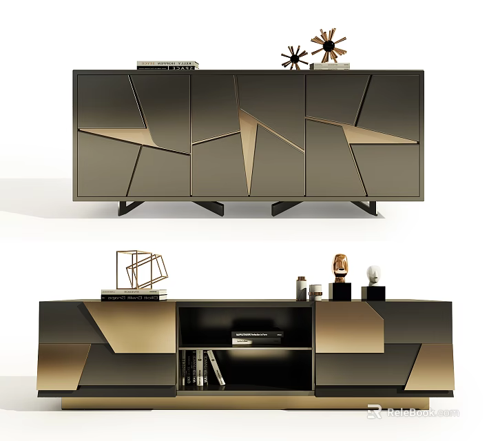 Elegant Modern Dark Cabinet With Gold Geometric Patterns And Decorative Items 3d model 