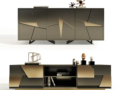 Elegant Modern Dark Cabinet With Gold Geometric Patterns And Decorative Items 3d model