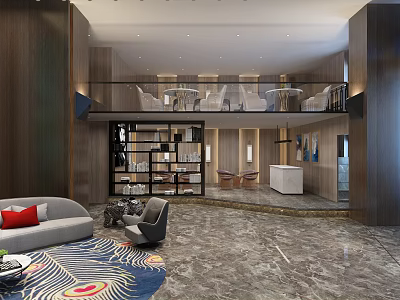 Modern Hotel Lobby Interior With Sofa Seating Marble Floor And Front Desk 3d model