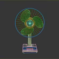 Modern Electric Fan With Metal Grille Green Blades And Blue Base