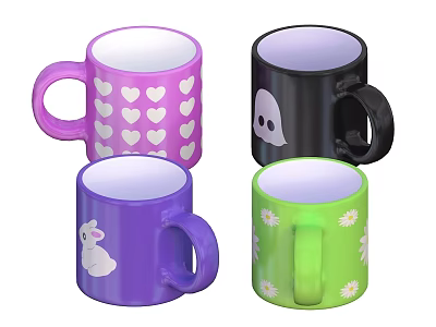 Colorful Decorative Mugs Featuring Heart Ghost Rabbit And Daisy Patterns 3d model