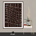 Brown Geometric Wall Art With White Console Table And Decorative Items 3d model