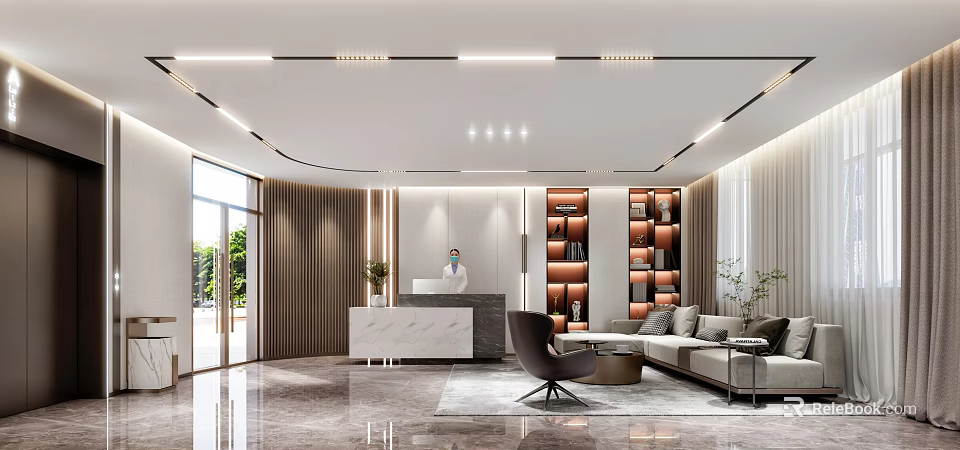 Front Desk Reception With Modern Design Marble Counter Sofa Bookshelves And Floor To Ceiling Glass 3d model 