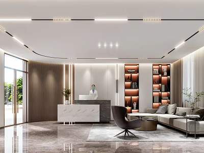 Front Desk Reception With Modern Design Marble Counter Sofa Bookshelves And Floor To Ceiling Glass 3d model