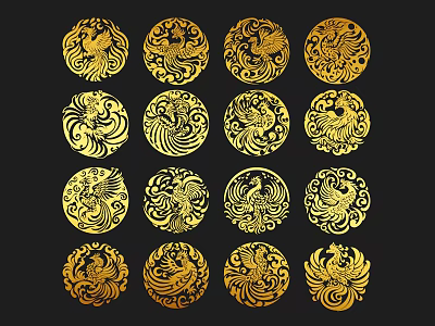 Golden Phoenix Themed Circular Pendants With Intricate Patterns On Black Background 3d model
