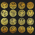 Golden Phoenix Themed Circular Pendants With Intricate Patterns On Black Background 3d model