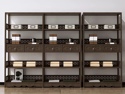 Dark Brown Wooden Bookcase With Multiple Shelves Decorative Drawers And Storage Boxes 3d model