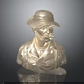 Metallic Bust Sculpture With Hat Beard And Dark Background Reflection