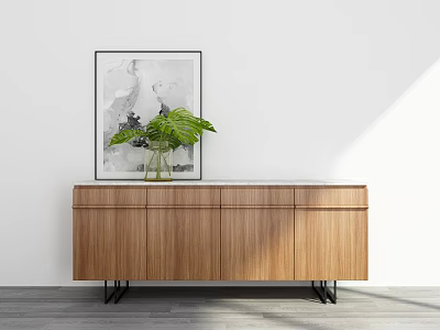Modern Wooden Sideboard With Natural Finish Green Plant And Abstract Painting Black Slim Legs 3d model