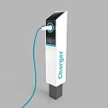 Modern Electric Vehicle Charger Station With White Body Blue Cable And Charging Port