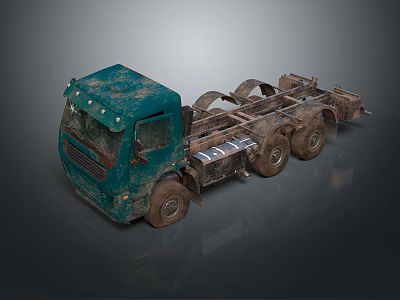 Green Worn Old Truck Chassis Featuring Multiple Wheels And Weathered Exterior 3d model
