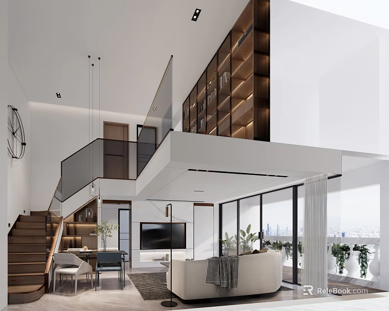 Modern Duplex Living Room Interior With Staircase Open Layout And Large Windows 3d model 