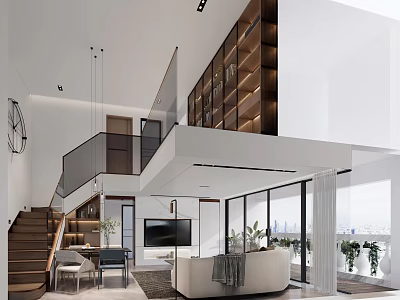 Modern Duplex Living Room Interior With Staircase Open Layout And Large Windows 3d model