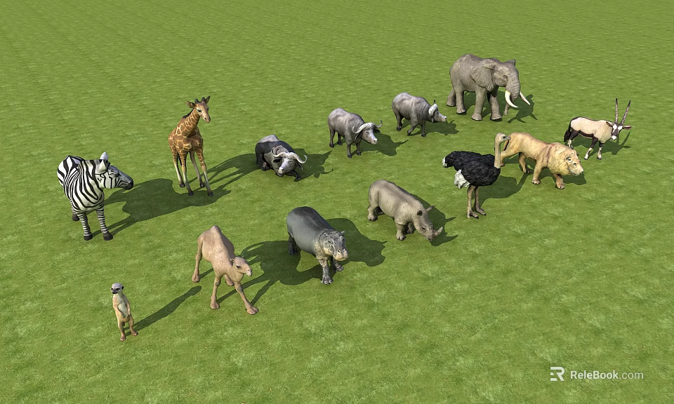 Reptiles Living in Natural Habitat on Green Grass with Various Wildlife Animals 3d model 