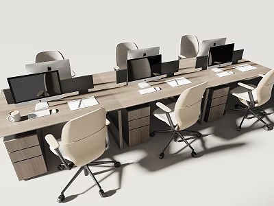 Modern Office Desk with Multiple Computer Monitors White Office Chairs Wooden Surface and Drawer Cabinets 3d model