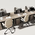 Modern Office Desk with Multiple Computer Monitors White Office Chairs Wooden Surface and Drawer Cabinets