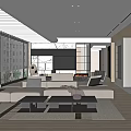 Modern Living Room Interior With Large Windows Blinds White Sofa Coffee Tables And TV Wall