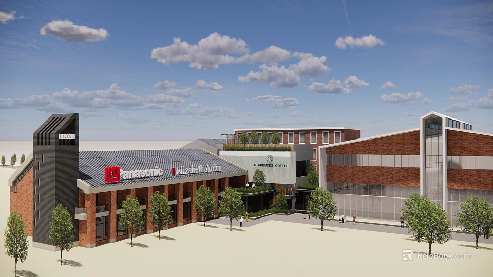 Seneca School Campus Featuring Red Brick Buildings Green Roof And Plaza Trees 3d model 