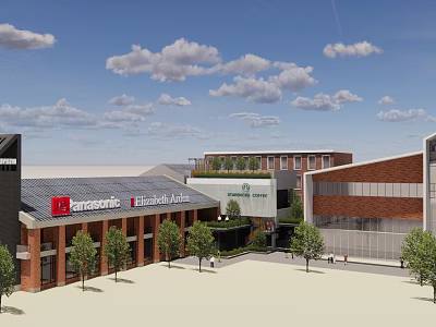 Seneca School Campus Featuring Red Brick Buildings Green Roof And Plaza Trees 3d model