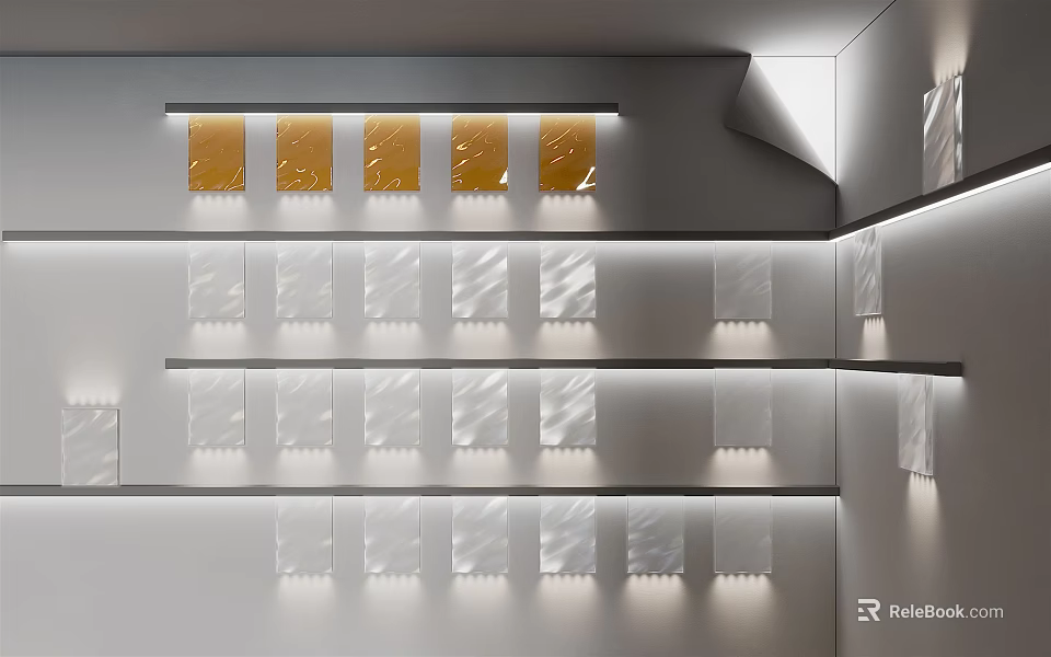 Downlights and Spotlights Illuminating Modern Display Space with Sleek Shelves and Panels 3d model 